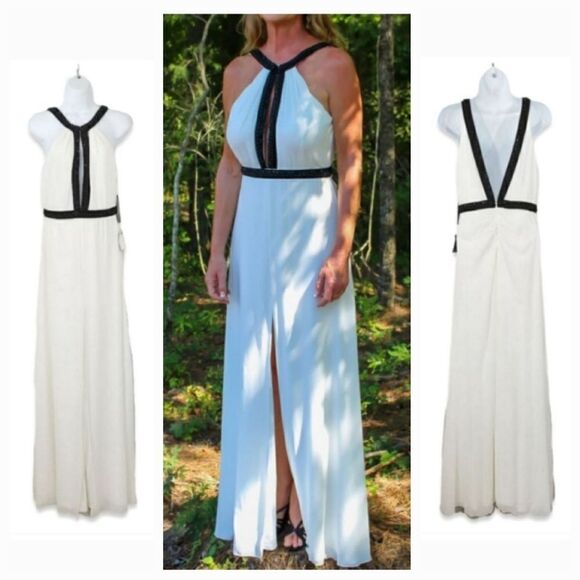 NEW Lulu's A Perfect Dream Black Beaded Halter Maxi Dress in White Size Small - Picture 1 of 15
